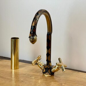 Antique Brass 1 Hole Faucet - Bathroom Sink Faucet with Resin and Bones - Farmhouse Bathroom Faucet - Handmade Moroccan Brass Tap