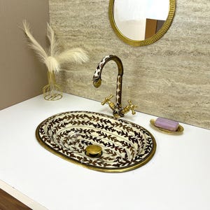 Handcrafted Oval Brass Bathroom Sink with Resin & Bone Inlay – Moroccan Drop-In Vanity Basin – Decorative Vessel Sink – Metal Wash Basin