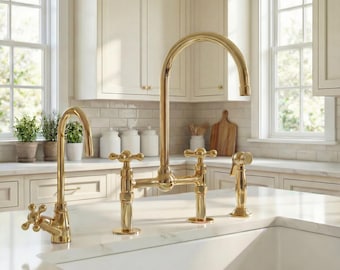 Unlacquered Brass Bridge Kitchen Faucet – Solid Brass, Side Sprayer