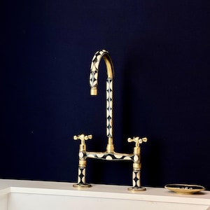 Unlacquered Brass Bridge Kitchen Sink Faucet Adorned with Resin and Bones - 8&quot; Bridge Brass Faucet - Antique Brass Vintage Faucet