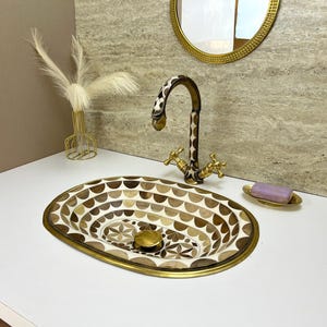 Oval Brass Bathroom Sink with Bone & Wood Inlay – Decorative Drop-In Vanity Basin – Artisan Moroccan Sink – Unique Metal Bathroom Sink