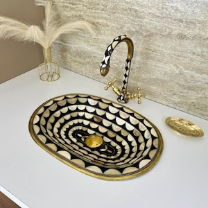 Handcrafted Brass Farmhouse Basin - Drop In Sink - Bone Inlay Brass Sink - Handmade Moroccan Brass Basin - Under Mount Vessel Sink Vanity