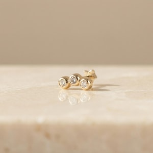 14k Solid Gold Triple Zirconia Piercing, Curved Diamond Effect Cartilage Stud, 16g Flat Back Helix Earring, Tiny Marquise Arc Tragus,