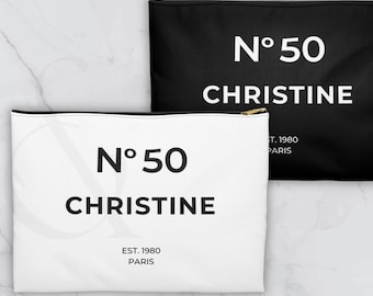 Elegante pochette per accessori di compleanno francese n. 50 - Pochette per il trucco con nome personalizzato, borsa per accessori di moda per il 50° compleanno - Regalo di compleanno personalizzato