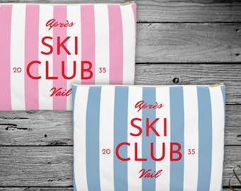 Après Ski Club Custom Accessory Pouch - Bold Stripe Pouch Bag, Ski Bachelorette Party Favor, Custom Location Apres Ski Gift