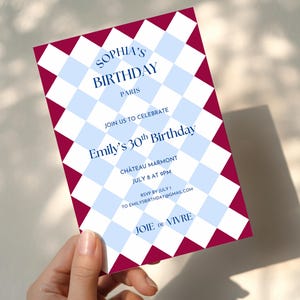 May include: A birthday invitation with a geometric pattern of white and light blue diamonds, framed by a burgundy border. The invitation includes the text "Sophia's Birthday Paris" and "Emily's 30th Birthday".