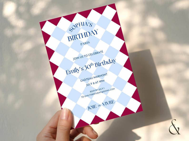 May include: A birthday invitation with a geometric pattern of white and light blue diamonds, framed by a burgundy border. The invitation includes the text "Sophia's Birthday Paris" and "Emily's 30th Birthday".