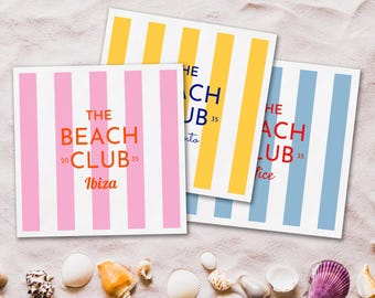 Serviettes personnalisées Cabana Stripe Beach Club - Serviettes de table côtières personnalisées, décoration de fête d'anniversaire, serviettes EVJF, accessoires de fête de plage