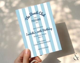 The Beach Club Blue Cabana Stripe 30th Birthday Invitation, Coastal Party Itinerary,  Editable Canva Template, Digital Invite, Beach Theme