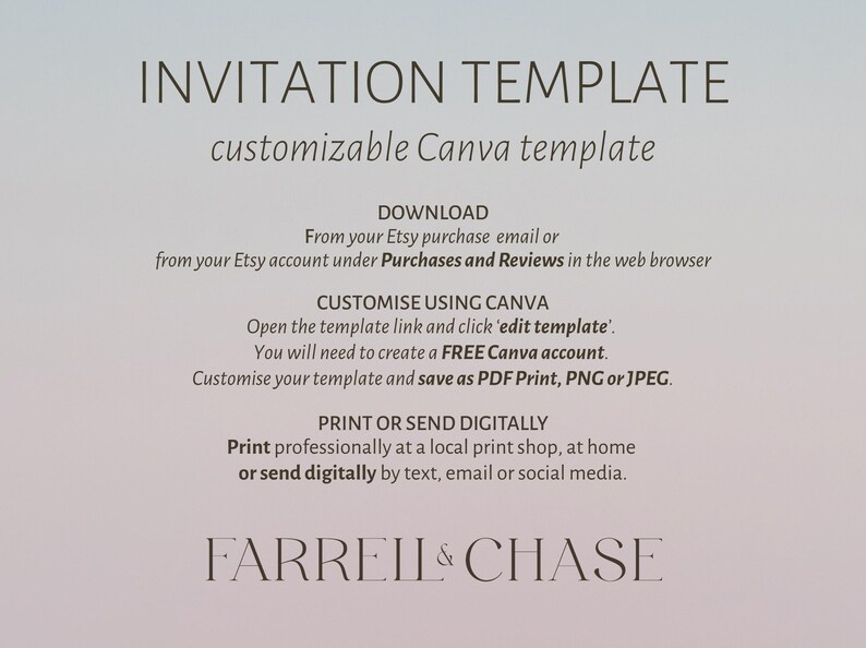 May include: An invitation template with the text "INVITATION TEMPLATE" and "customizable Canva template". Instructions are provided for downloading, customizing, and printing the template. The template is from Farrell & Chase.