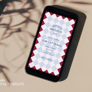 May include: A black smartphone displays a digital invitation with a red and light blue diamond pattern. The invitation text reads "Sophia's Birthday Paris" and "Emily's 30th Birthday." The words "Digital Template" are also visible.