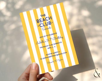 The Beach Club Yellow Cabana Stripe 30th Invitation, Birthday Itinerary, Coastal Birthday Invite, Editable Canva Template, Digital Invite