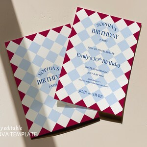 May include: Two birthday party invitations with a geometric pattern in white, light blue, and burgundy. The invitations read "Sophia's Birthday Paris" and "Emily's 30th Birthday" with event details. The phrase "Joie de Vivre" is also included.