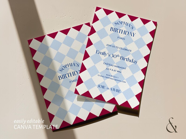 May include: Two birthday party invitations with a geometric pattern in white, light blue, and burgundy. The invitations read "Sophia's Birthday Paris" and "Emily's 30th Birthday" with event details. The phrase "Joie de Vivre" is also included.