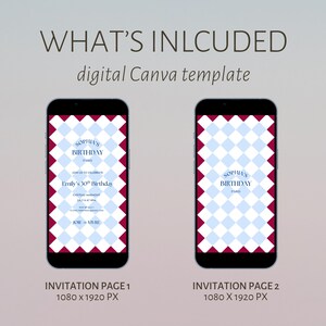May include: Two smartphones displaying digital Canva templates for a birthday invitation. The templates feature a blue and white diamond pattern with burgundy borders. Text includes "Sophia's Birthday" and event details.