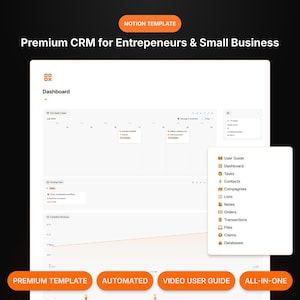 May include: A digital interface for a CRM, featuring a dashboard, tasks, contacts, and other business management tools. The interface is white with orange accents and includes the text "NOTION TEMPLATE" and "Premium CRM for Entrepreneurs & Small Business."