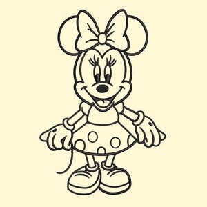 May include: Black and white cartoon illustration of Minnie Mouse. She is wearing a polka dot dress and a large bow on her head. Her hands are open, and she is smiling.