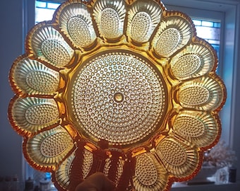 Vintage 70s Indiana Glass golden amber hobnail large deviled eggs plate - heavy, 15 egg holder serving plate, party dish, round floral tray