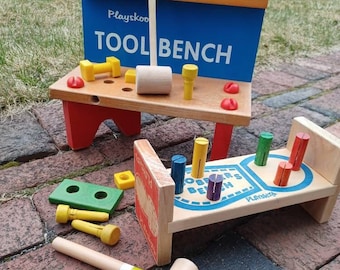 Vintage 60s Playskool workbench 2 sets - wooden frame tool bench, hardware, tools, pegs & mallet, shapes, color learning toy pair