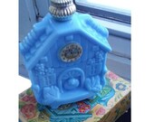 1972 Avon Enchanted Hour - vintage 70s decanter, stamped, blue milk glass perfume fragrance bottle, cuckoo clock original box