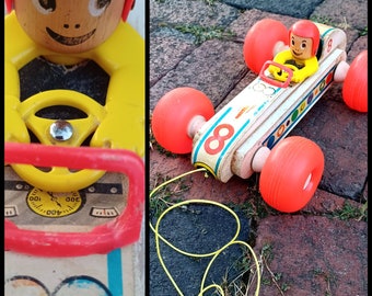 Vintage 60s Fisher Price Bouncy Racer pull toy - 1965 wooden racecar, 6 colorful racer & driver car toy, sound and motion, made in the USA