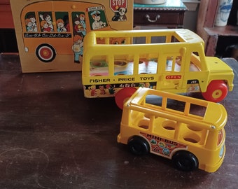Vintage 60s Fisher Price school bus collection - Little People wooden jigsaw puzzle pull toys playset vehicles, 2 vehicle set & learning toy