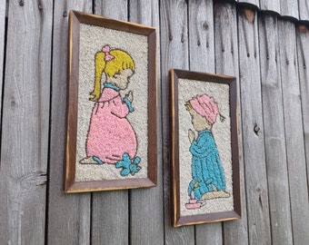 Vintage 60s sweet praying boy & girl gravel art - unique blue, pink pastel framed handmade kitsch wall artwork pair