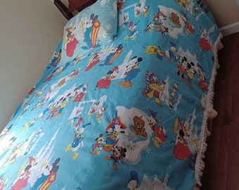 Vintage 70s Frontierland print pillowcase & full size bed bedspread - Walt Disney, Mickey Minnie Mouse Donald, Scrooge McDuck bedding fabric