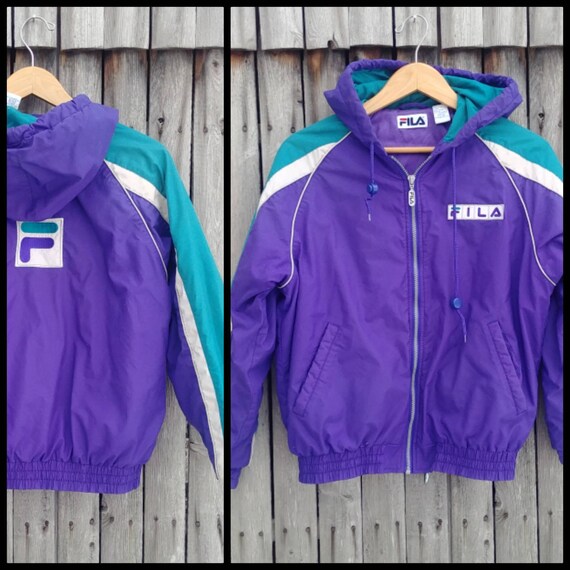 Vintage 90s Fila Lined \u0026 Embroidered Windbreaker - Purple Zip Front Hoodie, Pockets, Nylon Jacket - Womens Size Small SM