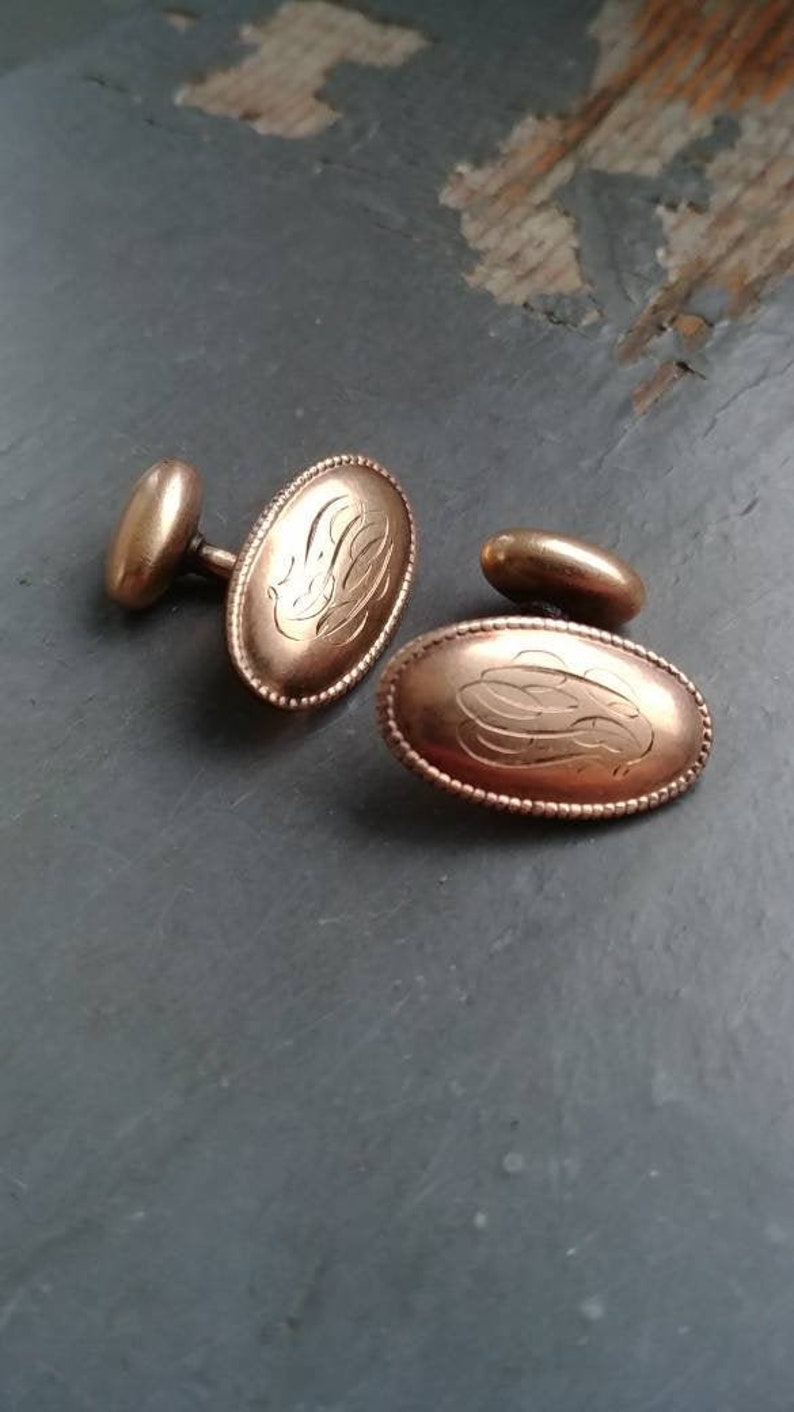Vintage 1910 rounded oval engraved script cuff links beaded metalwork cursive initials WCG Clark /& Co cufflinks