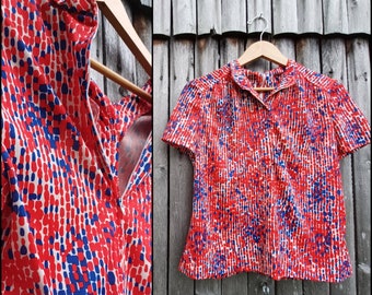 Vintage 70s spotted line print shirt - zip back, round collar, wild style patriotic red white blue shirt - womens S small