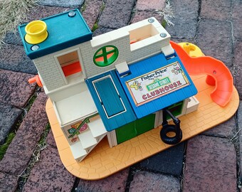 Vintage 70s Fisher Price Play Family Sesame Street Club House - 1977 Little People playground toy, plastic dollhouse, 937 playset