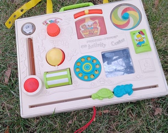 Vintage 70s Fisher Price Activity Center - 1973 complete 134 baby learning toy, bright colorful shapes, nursery rhymes portable crib playset