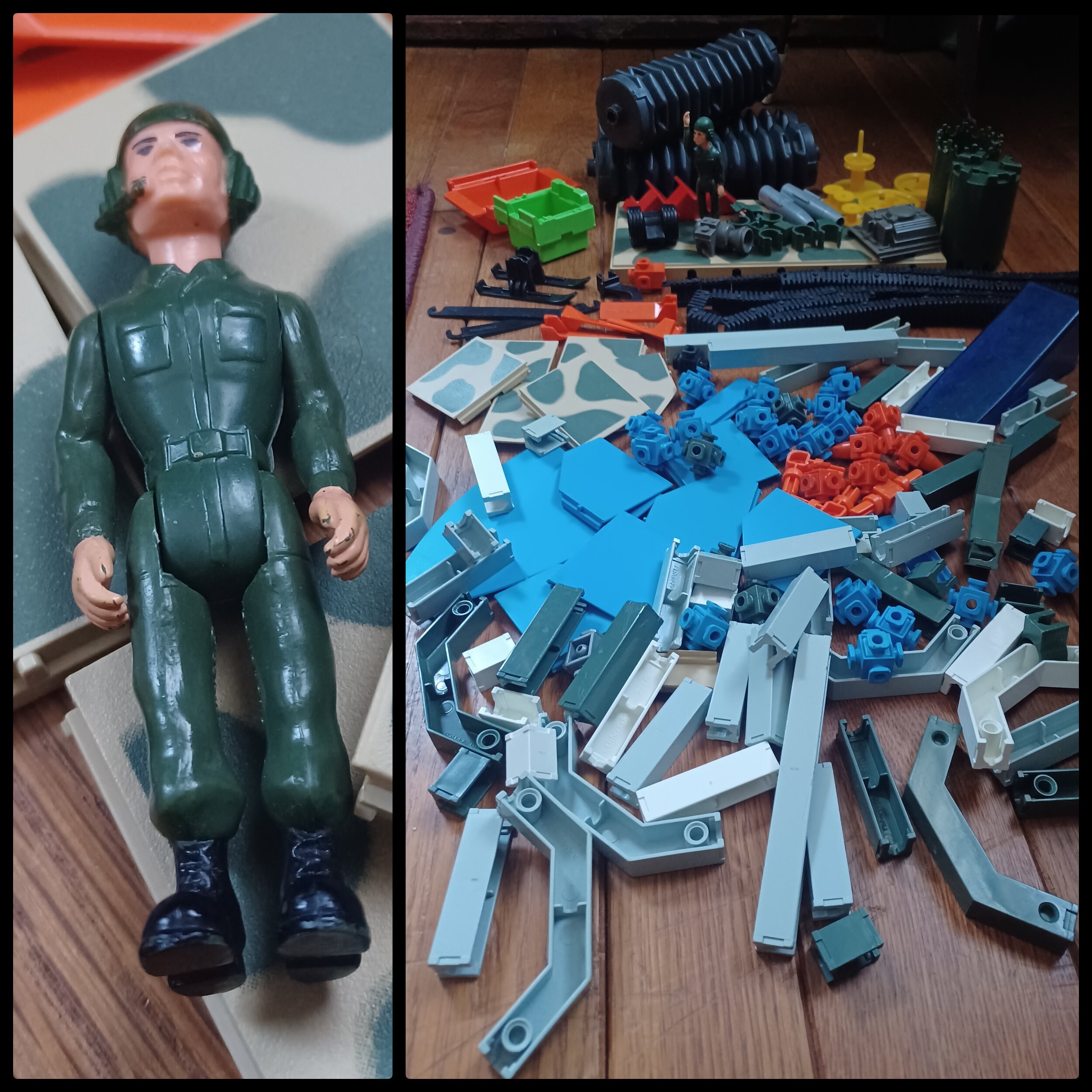 Vintage 80s Fisher Price Construx set & figure - 146 construction building pieces - 1983 military space toy, waterproof build collection