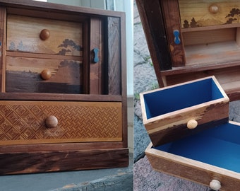 Vintage 60s upcycled wooden jewelry box - Japanese inspired, rollback inlay wood landscape & checkerboard pattern 3 drawers, trinket storage