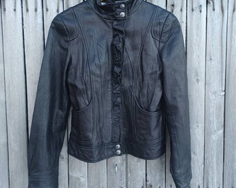 Vintage 90s black leather Guess jacket - zip front, ruffle detail, silver metal hardware, womens size M medium coat