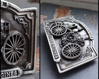 Vintage 80s Amoskeag Steam Fire Engines silver belt buckle - brass metalwork historic art, stamped & dated 1985, made in the USA