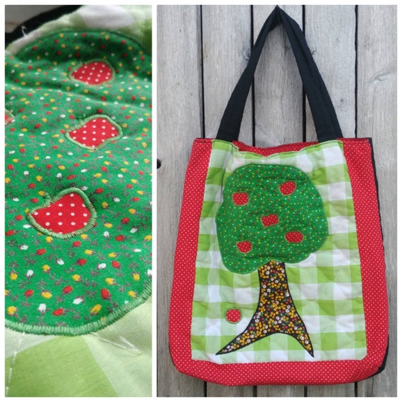 Vintage 60s handmade patchwork apple tree embroid… - image 1