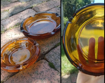 60s heavy amber glass ashtray set - 2 cigar tobacco cannabis ashtrays, smoking accessories, classic bowling alley barware