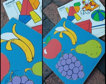 2 vintage 50s Playskool childrens board puzzles - painted wood wall art, favorite fruits, favorite toys, colorful puzzle pair set