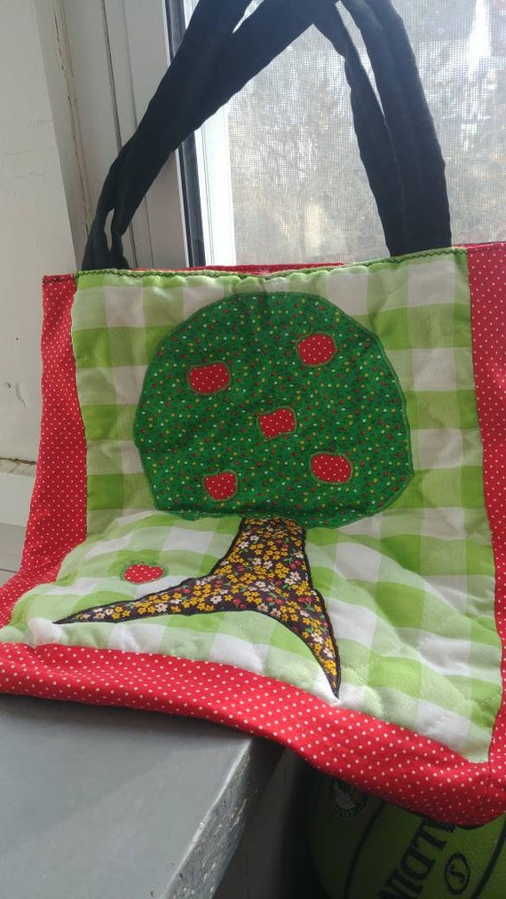Vintage 60s handmade patchwork apple tree embroid… - image 2