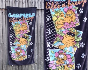 Vintage 80s Garfield thick terry beach towel - tropical Hawaiian kitty cat print graphic, Life's A Beach - with tags