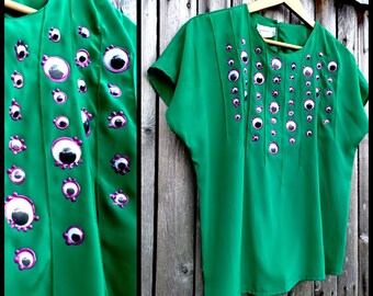 The Look - vintage 80s, emerald green & fuchsia, one of one, avant garde upcycled googly eye, short sleeve dolman blouse - womens size M