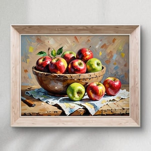 Stampa decorativa con natura morta testurizzata / Dipinto a olio con mele rosse e verdi / Arte rustica con frutta da cucina / Tela con natura morta in impasto n. 28