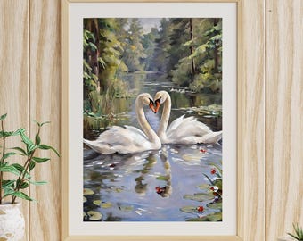 Swan Couple Art Print: Dreamcore Lake Scene (Digital Download, 6 JPGs)