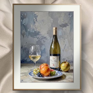 Stampa di natura morta con vino e frutta, arte da cucina in pasta con mele e uva, elegante decorazione digitale da parete, poster neutro per sala da pranzo n. 35