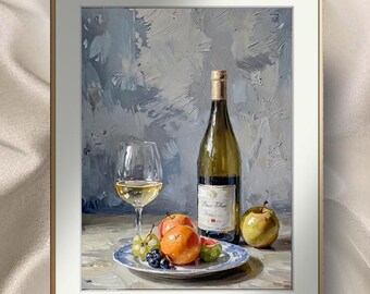 Wine and fruit still life print, impasto kitchen art with apples and grapes, elegant digital wall decor, neutral dining room poster #35
