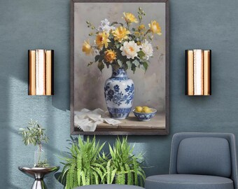 Stampa artistica rustica Stampa di natura morta di cucina di fattoria di bouquet con questo vaso cinese d&#39;epoca Natura morta di cucina / Download digitale Arte n. 15
