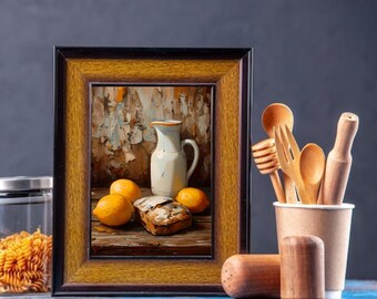 Impression d'art nature morte cuisine rustique : citron et pain (téléchargement numérique)