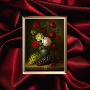 Stampa floreale olandese con fantasia, effetto seta 8000k, natura morta nello stile di Rachel Ruysch, luce soffusa, bouquet vintage, download digitale #MSL14